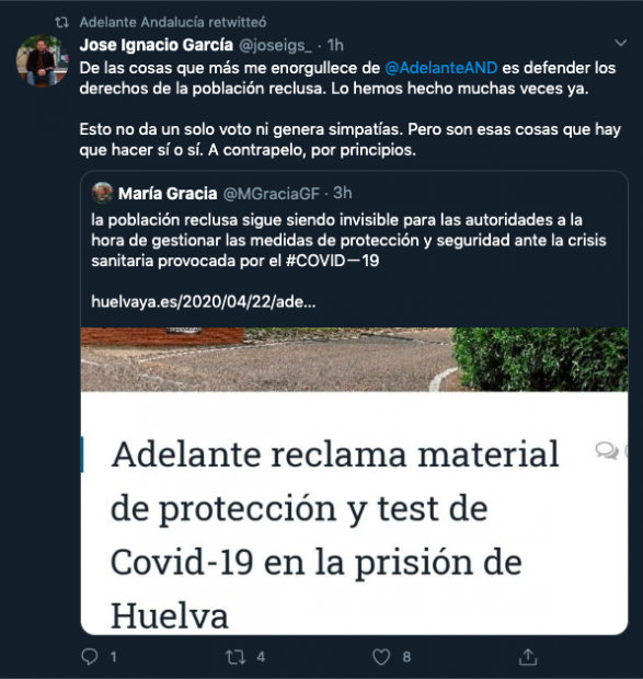 Tuit de un diputado de Adelante Andalucía, convergencia de Podemos e IU.