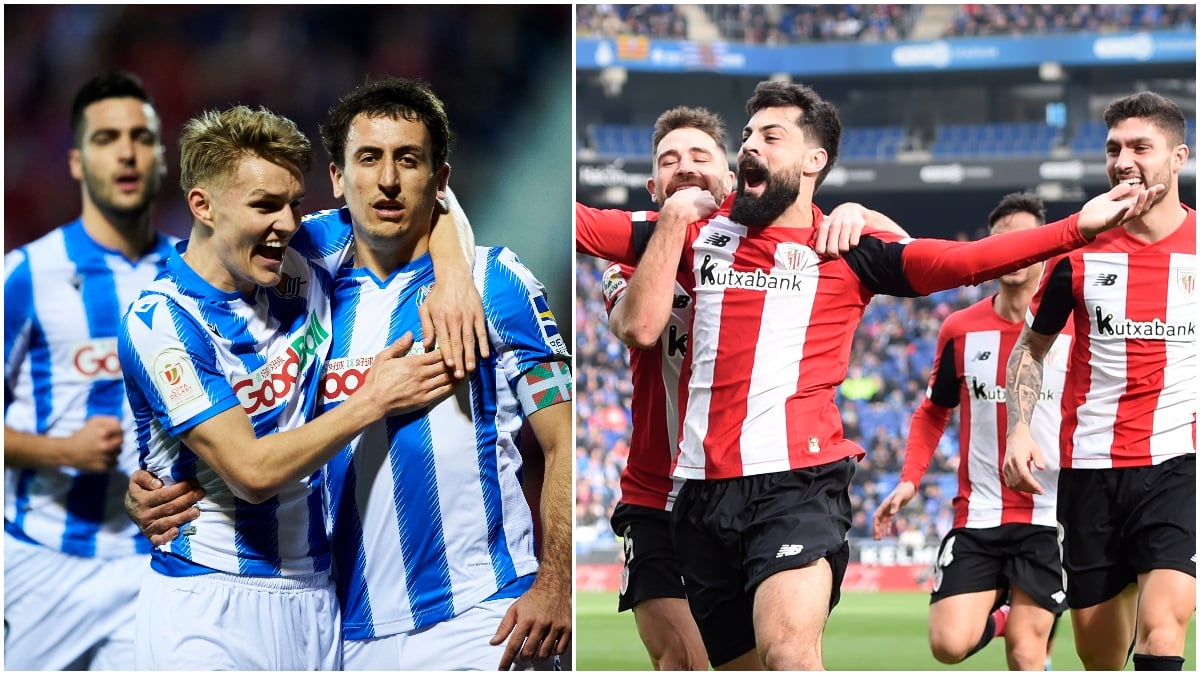 Jugadores de la Real Sociedad y el Athletic celebran un gol (Getty).