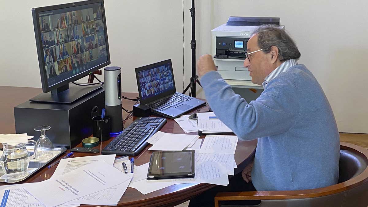 Quim Torra durante la videoconferencia con Sánchez. Foto: Europa Press