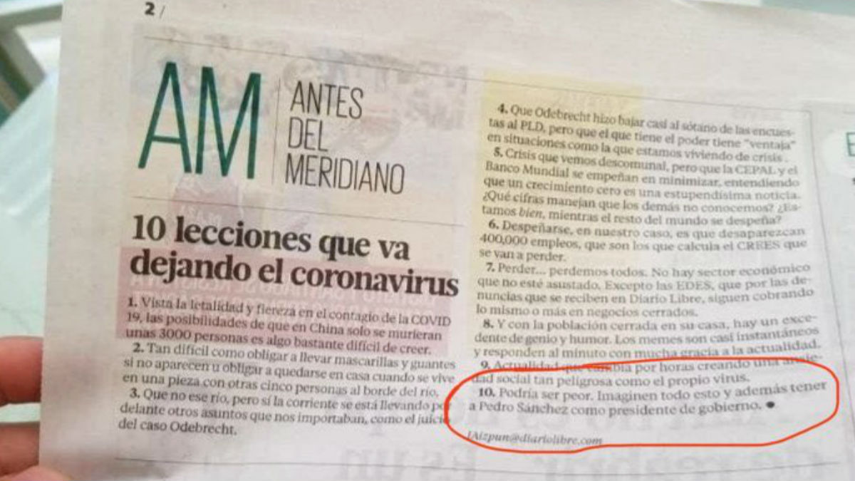 La pieza de ‘Diario Libre’ que se hace eco de la nefasta gestión del coronavirus del Gobierno de Pedro Sánchez en su punto 10.