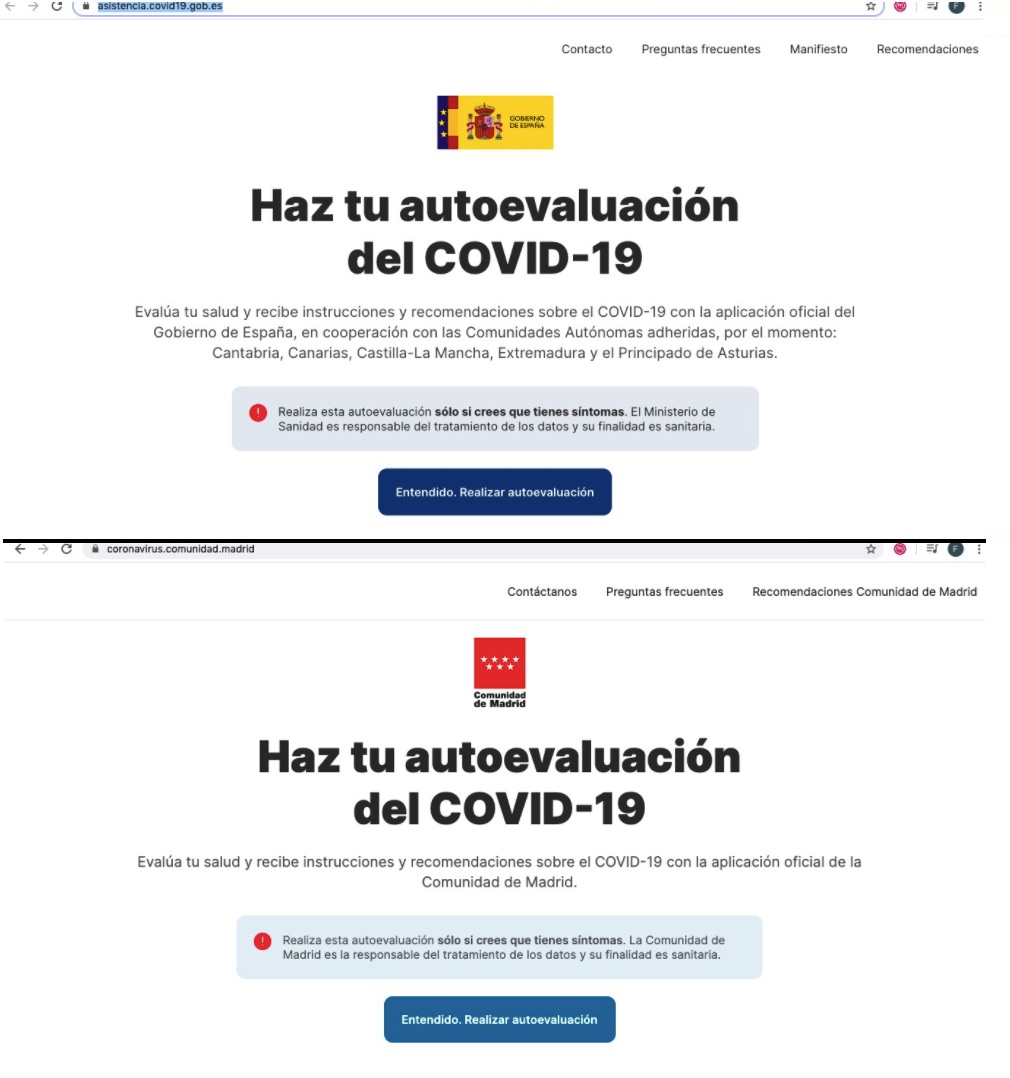 Diferencias entre la app de autodiagnóstico del Gobierno (arriba) y la de la Comunidad de Madrid.