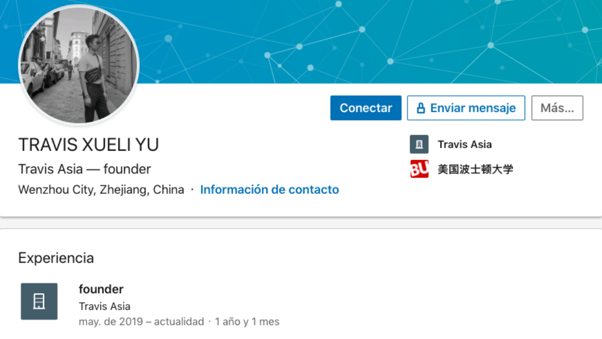 Perfil del proveedor Xueli Yu en la red LinkedIn.