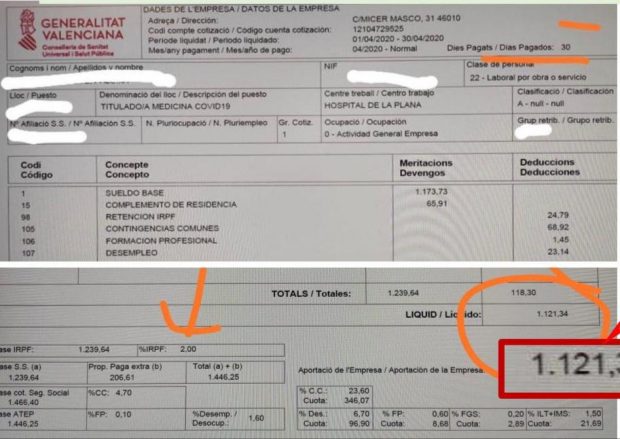 El Gobierno valenciano paga 1.121 € a los médicos contratados para la Covid-19 por 70 horas semanales