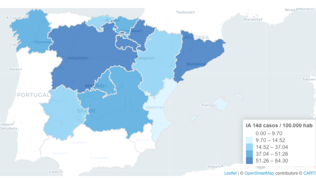 Mapa del número de casos registrados por cada 100.000 habitantes en las dos últimas semanas, según el Ministerio de Sanidad.