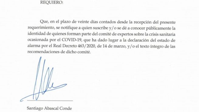 Abascal envía un burofax a Sánchez para exigir la identidad de los expertos de Sanidad que deciden sobre la desescalada