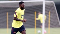Samuel Umtiti durante el entrenamiento con el Barcelona tras el parón. (fcbarcelona.cat)