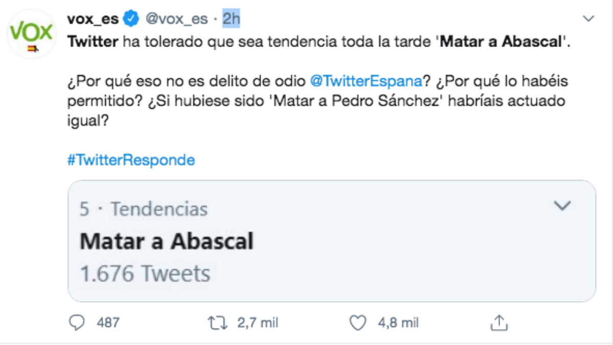 Vox ha denunciado con este mensaje las amenazas de muerte contra su presidente, Santiago Abascal.