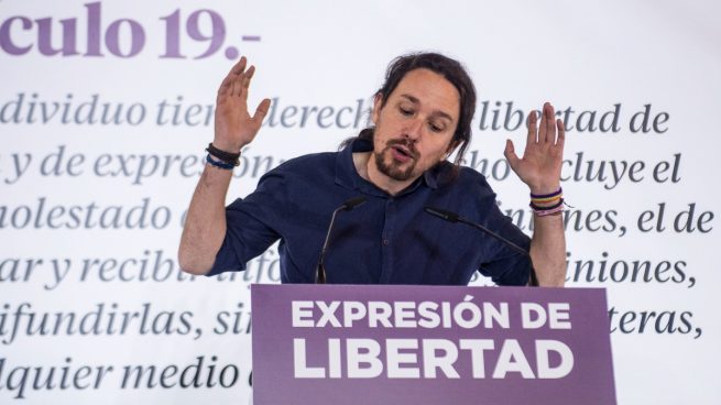 Podemos twitter bloquea Pablo Iglesias en una acto sobre libertad de expresión. (Foto: Podemoa)