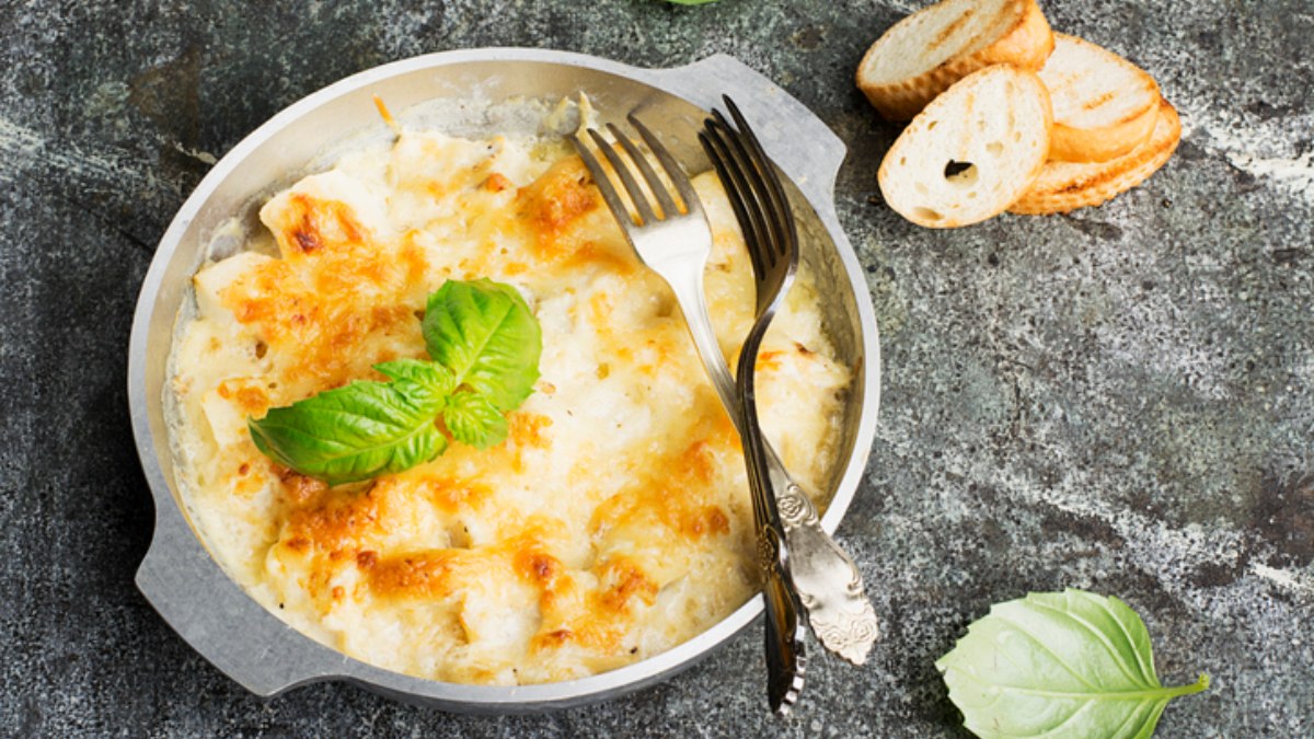 Lasaña de mango con brandada de bacalao