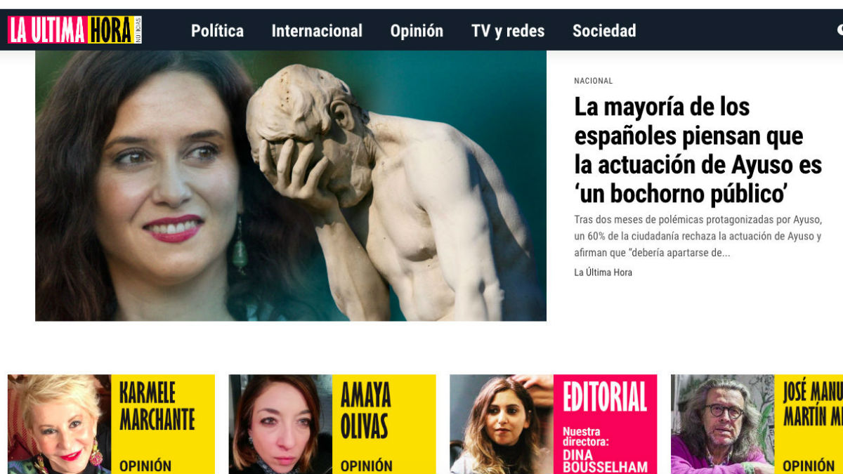 La portada de la web La última hora, que dirige la ex asistente de Pablo Iglesias en el Parlamento europeo Dina Bousselham.