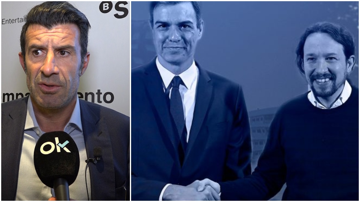 Figo, Pedro Sánchez y Pablo Iglesias.