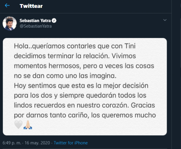 Sebastian Yatra y Tini lanzaron un escueto comunicado en redes sociales