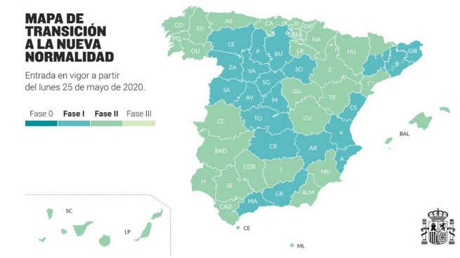 Así queda el mapa de España con las fases 1 y 2 de desescalada