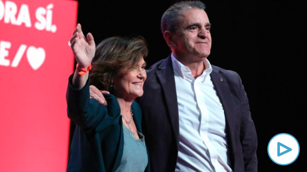 José Manuel Franco, delegado del Gobierno en Madrid, y Carmen Calvo, vicepresidente primera del Gobierno, durante un acto de campaña en el PSOE en Madrid. (Foto: Europa Press)