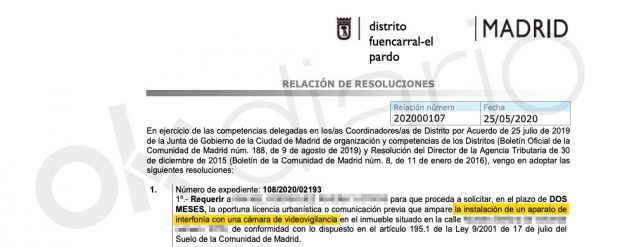 Expediente del Ayuntamiento de Madrid a Echenique por colocar una cámara de seguridad sin licencia. 