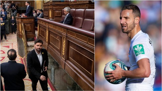 Rufián, con Abascal de fondo, y Soldado durante un partido.