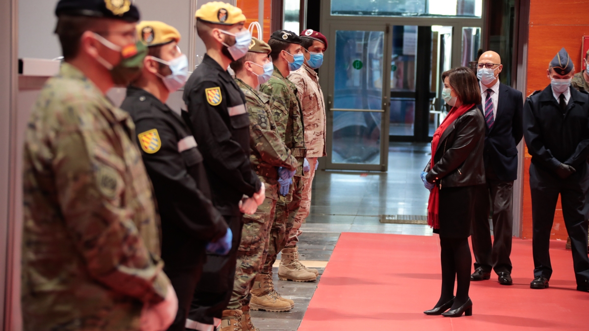 La ministra de Defensa, Margarita Robles, durante el acto oficial de reconocimiento a los militares por su labor durante la crisis del coronavirus.