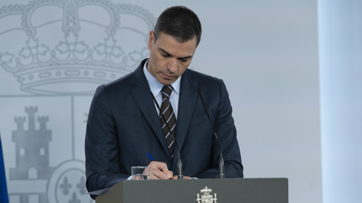 El presidente del Gobierno, Pedro Sánchez, durante la rueda de prensa telemática del pasado sábado 23 de mayo – Moncloa