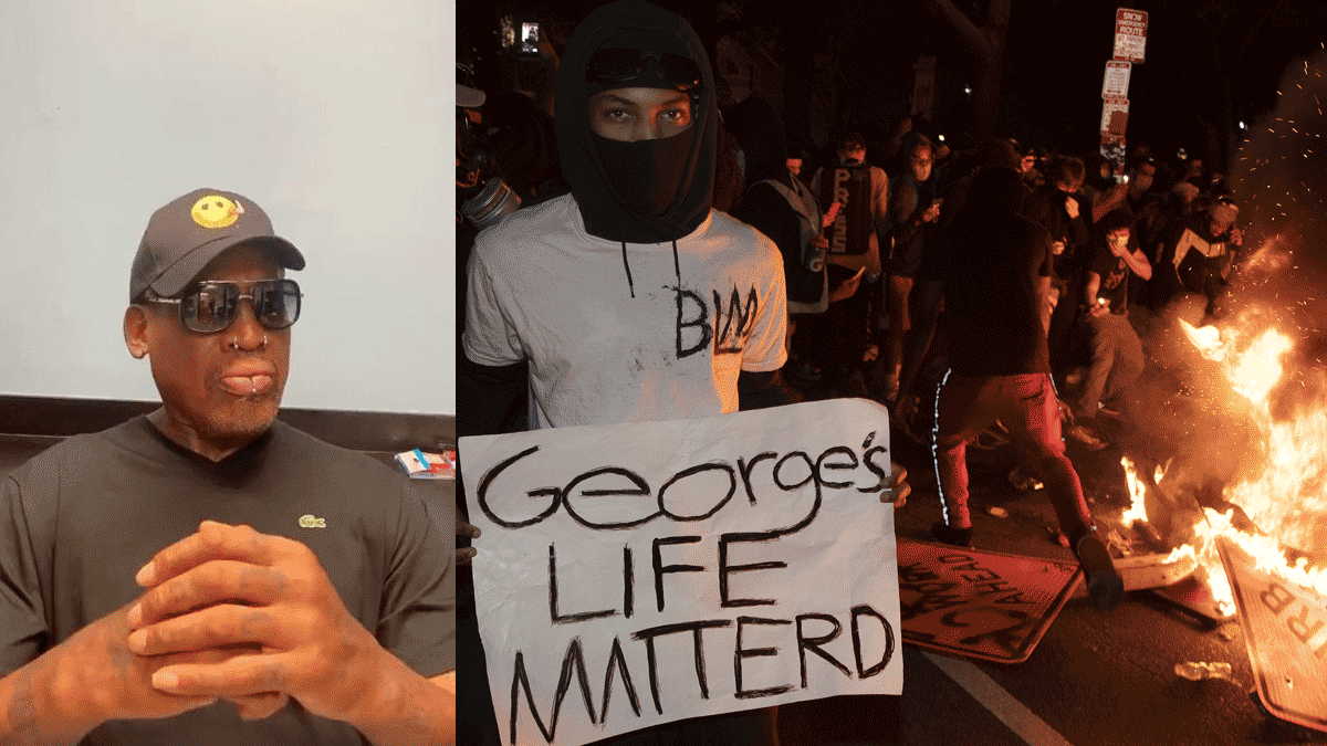 A la izquierda, Rodman; a la derecha, imagen de una de las protestas por el asesinato de Floyd (Instagram/ Getty)
