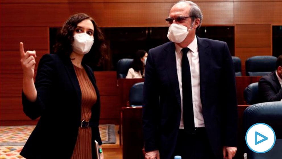 Isabel Díaz Ayuso y Ángel Gabilondo este jueves en la Asamblea de Madrid. (Foto: EP)