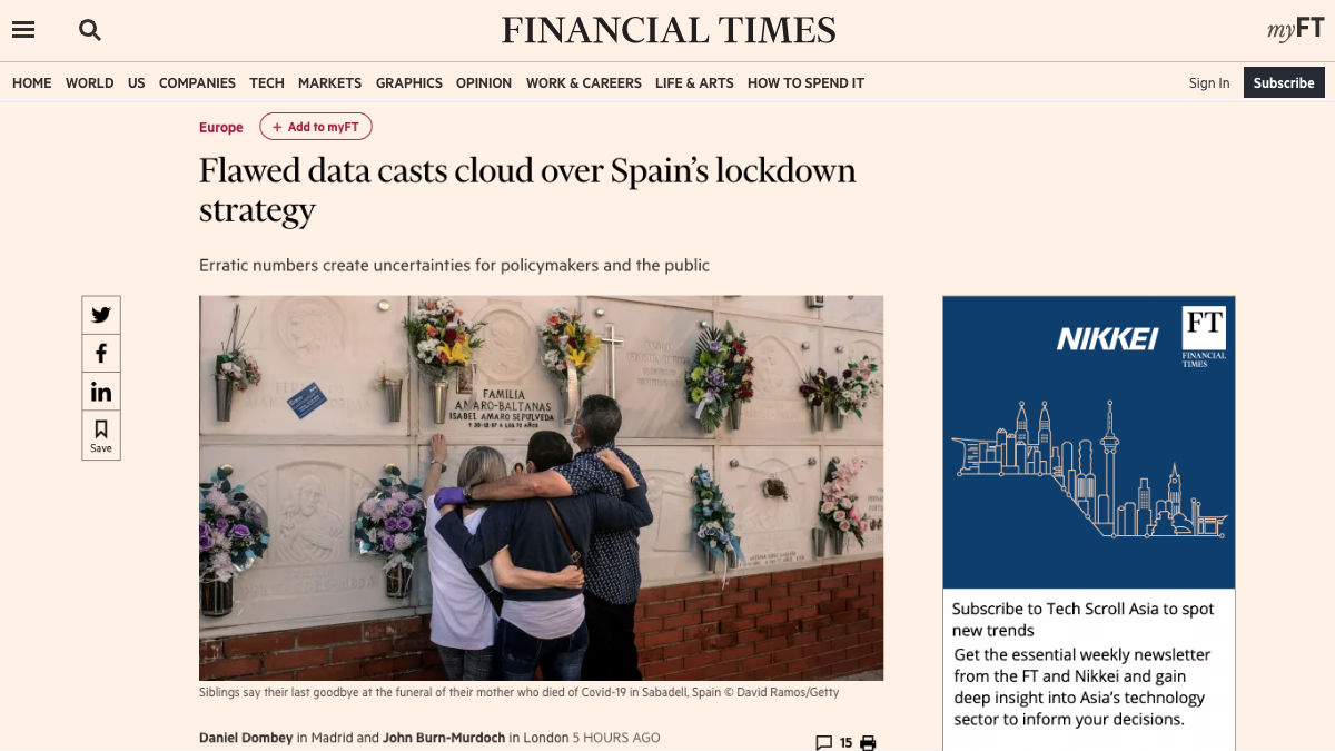 El artículo con el que el ‘Financial Times’ pone en duda el recuento que hace el Gobierno de Sánchez con los fallecidos por coronavirus.
