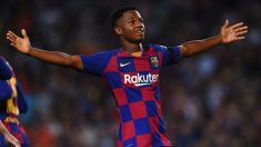 Ansu Fati celebra un gol con el Barça esta temporada. (Getty)