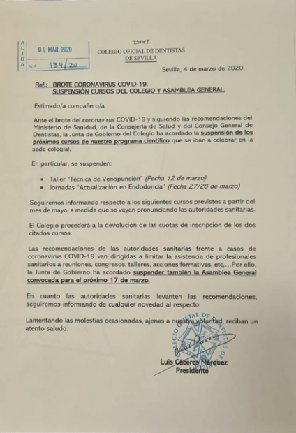 El Gobierno recomendó al Colegio Oficial de Dentistas de Sevilla suspender cursos ¡cuatro días antes del 8-M!