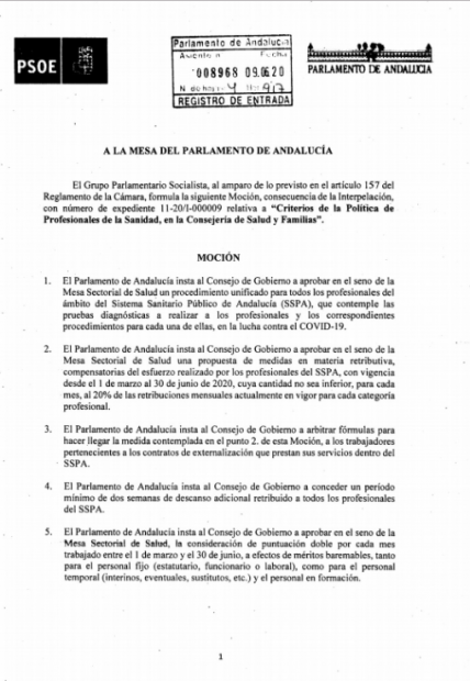 Propuesta del PSOE al Parlamento de Andalucía.