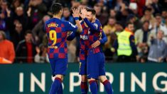 Messi, Griezmann y Luis Suárez celebran un tanto. (Getty)