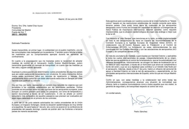 Sánchez rechazó en una carta a Ayuso más controles en Barajas: “Las medidas necesarias ya se aplican”