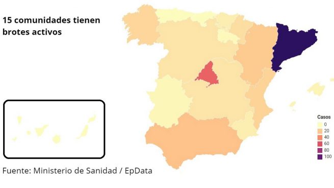 Mapa de los rebrotes: La aparición del brote en Madrid sitúa ya a 15 Comunidades Autónomas con focos activos.