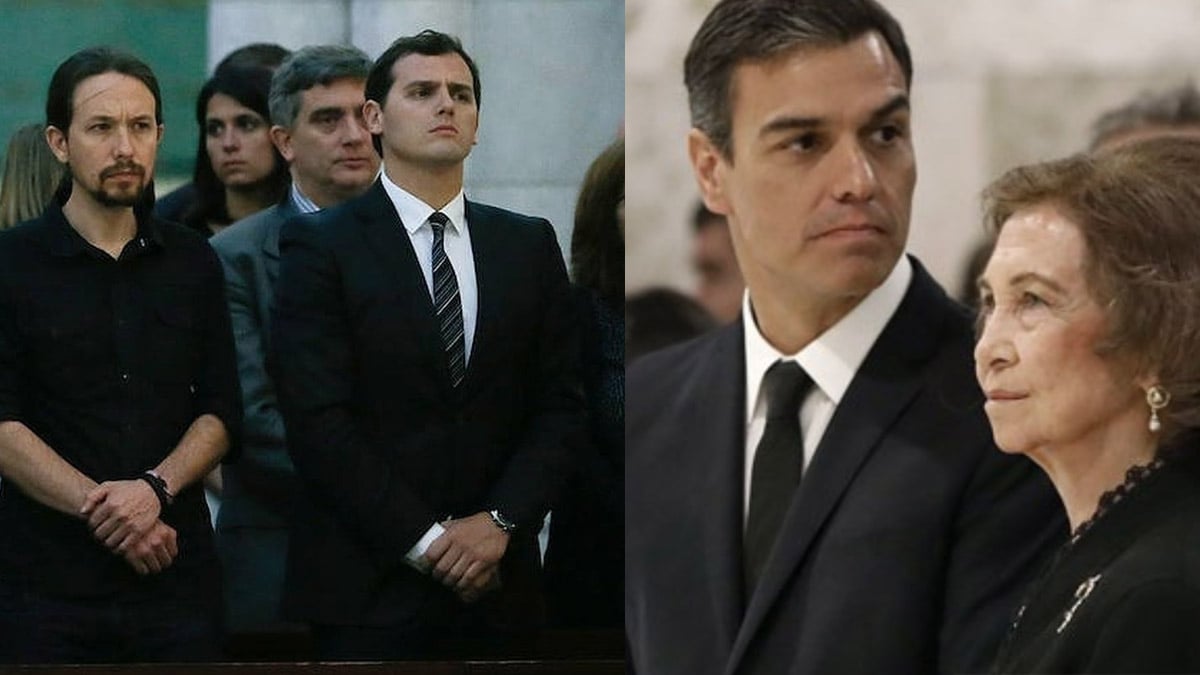 Pablo Iglesias, junto a Albert Rivera, en el funeral por las víctimas del terremoto en Ecuador. A la derecha, Pedro Sánchez junto a la Reina Sofía, en un funeral católico.