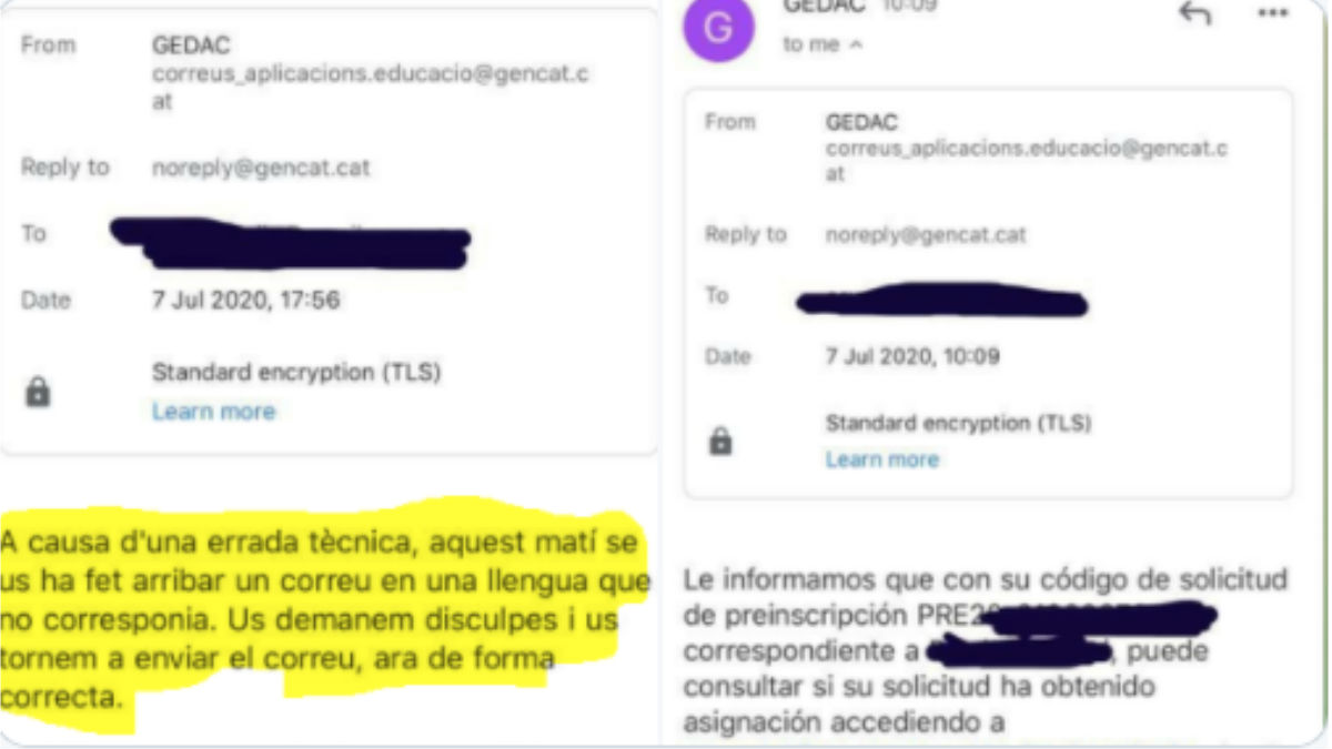 Los correos del Departamento de Educación de la Generalitat en los que pide disculpas por usar el español: «Una lengua que no correspondía».