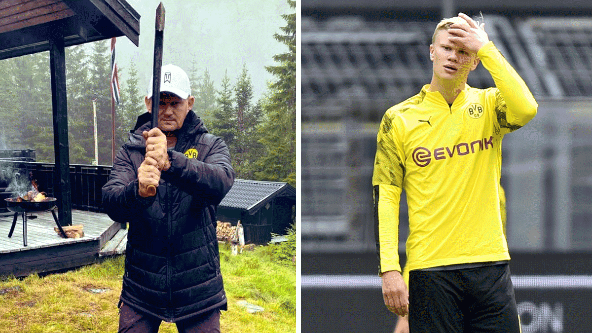 A la izquierda, el padre de Haaland en la imagen que él mismo ha compartido; a la derecha, el delantero del Borussia Dortmund durante un partido (Twitter/Getty)