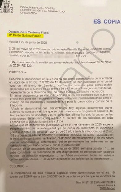 Documento en el que la Fiscalía Anticorrupción envía a la Fiscalía de Madrid la denuncia contra Fernando Simón.