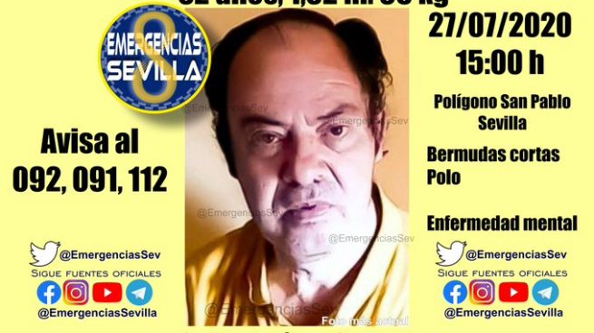 Desaparecido un hombre de 62 años en Sevilla