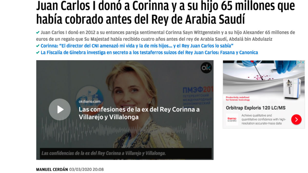 OKDIARIO desveló el pasado 3 de marzo el regalo de 65 millones que Juan Carlos I realizó a Corinna desde sus cuentas suizas.