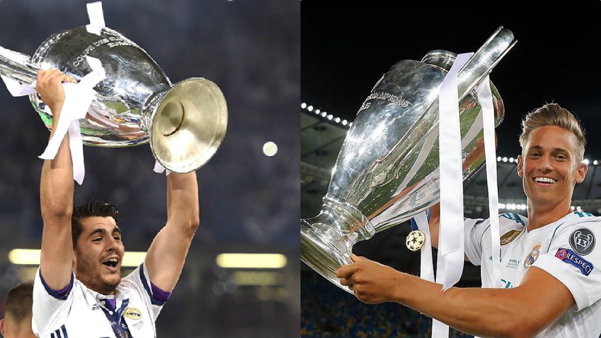 Álvaro Morata y Marcos Llorente con las Champions que ganaron con el Real Madrid.