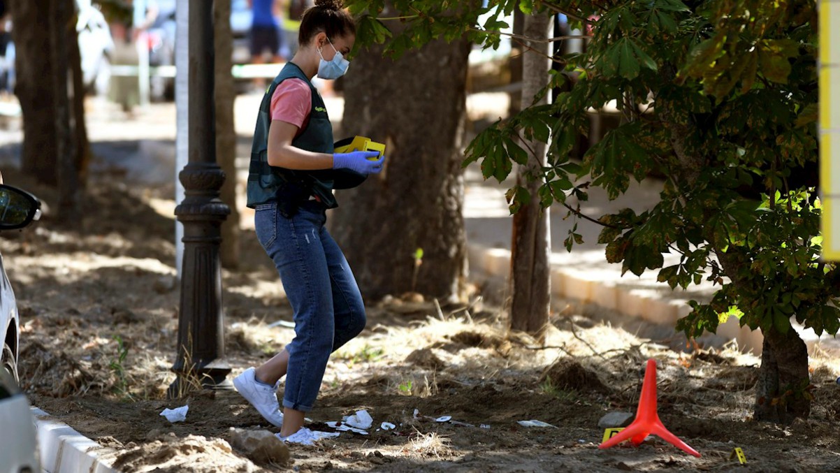 Una guardia Civil recoge pruebas en el lugar del crimen en La Granja (Segovia). Efe