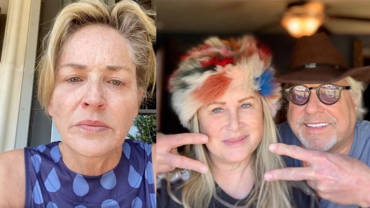 La actriz Sharon Stone (izqda) en el vídeo en el que relata la situación de su hermana y cuñado (dcha) a causa del coronavirus.