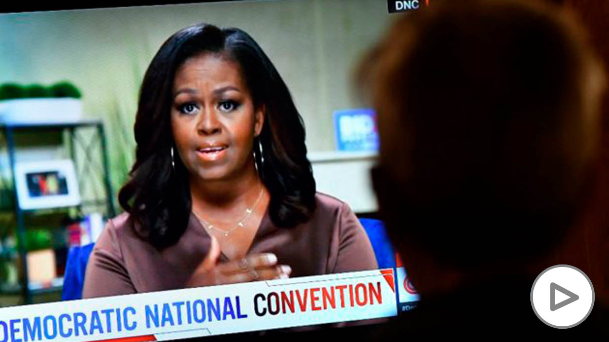 Michelle Obama durante la convención nacional del Partido Demócrata de EEUU que se celebró de forma virtual por el Covid. Foto: AFP