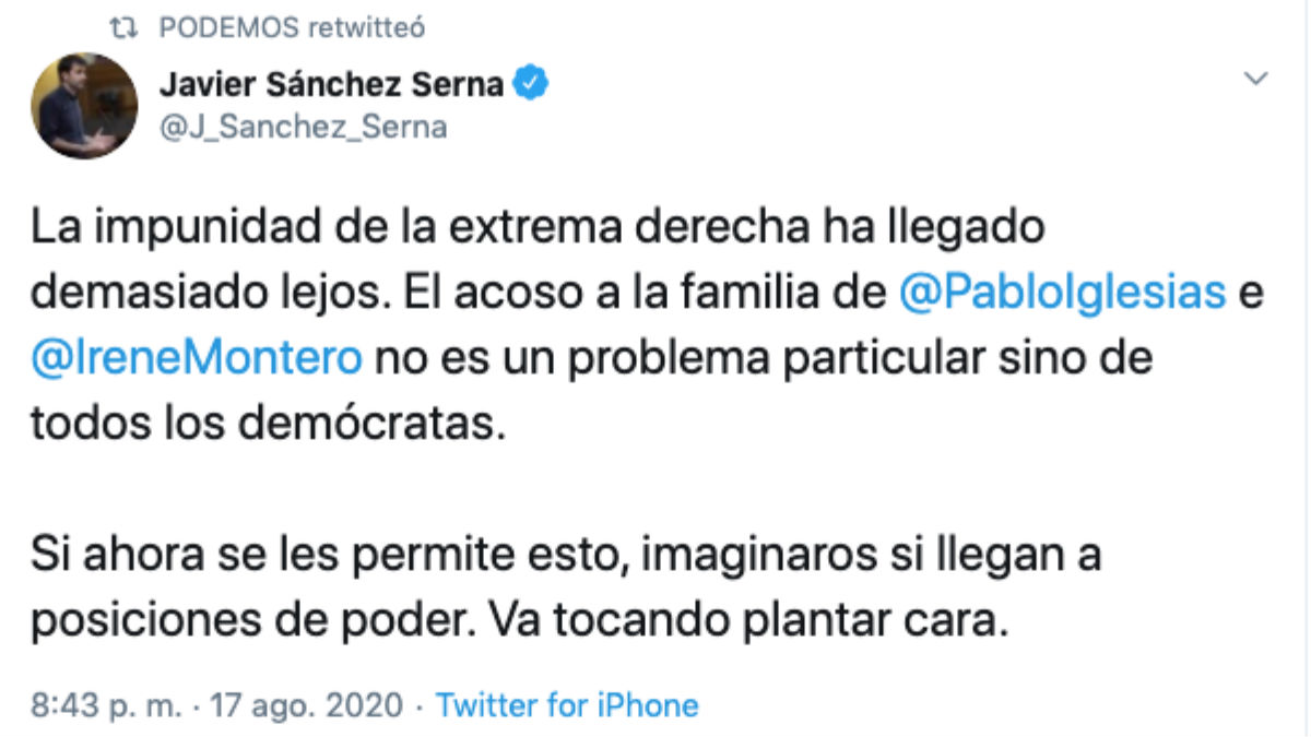 El tuit de Javier Sánchez Serna retuiteado por Podemos.