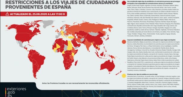 Mapa que recoge las restricciones a viajeros procedentes de España actualizado el 25 de agosto de 2020 por el Ministerio de Asuntos Exteriores, UE y Cooperación.