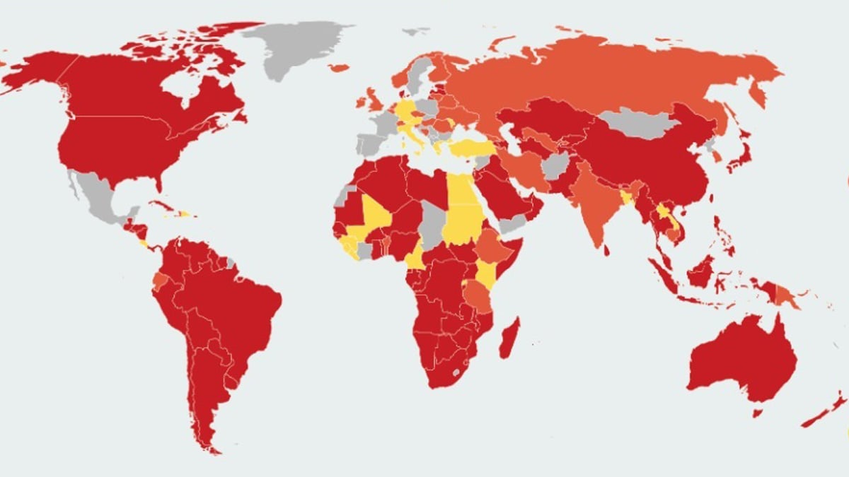 Mapa que recoge las restricciones a viajeros procedentes de España actualizado el 25 de agosto de 2020 por el Ministerio de Asuntos Exteriores, UE y Cooperación.