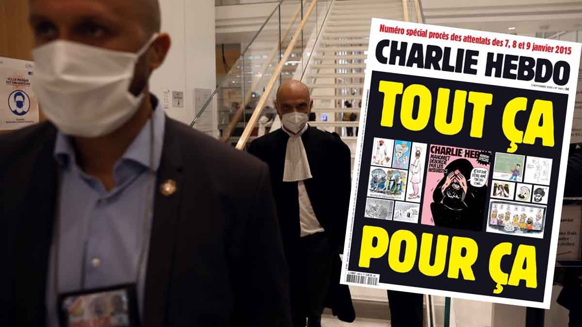 El abogado defensor de la revista francesa Charlie Hebdo llegando a la corte judicial de Francia. Al lado la portada publicada por el semanario rescatando las caricaturas de Mahoma.