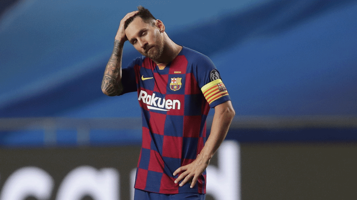 Leo Messi se lamenta durante el Barcelona – Bayern. (Getty)