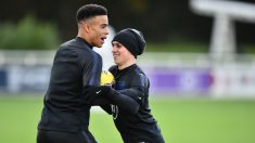 Mason Greenwood y Phil Foden, juntos en un entrenamiento de Inglaterra. (Getty)