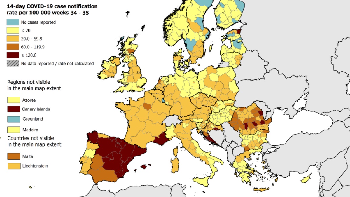 Mapa europeo del coronavirus, con España liderando en solitario el indice de riesgo de contagio.
