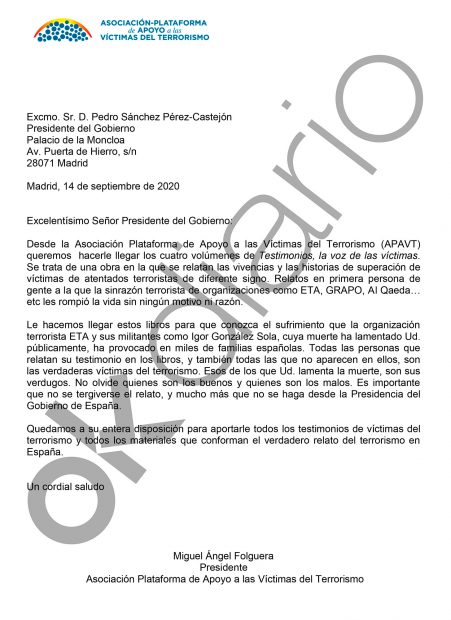 Carta de las víctimas de ETA a Pedro Sánchez: «Esos cuya muerte usted lamenta son nuestros verdugos» Carta-de-apavt-a-pedro-sanchez-1-451x620