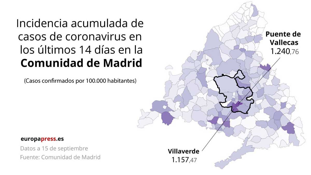Mapa con la incidencia acumulada de casos de coronavirus en Madrid. Europa Press